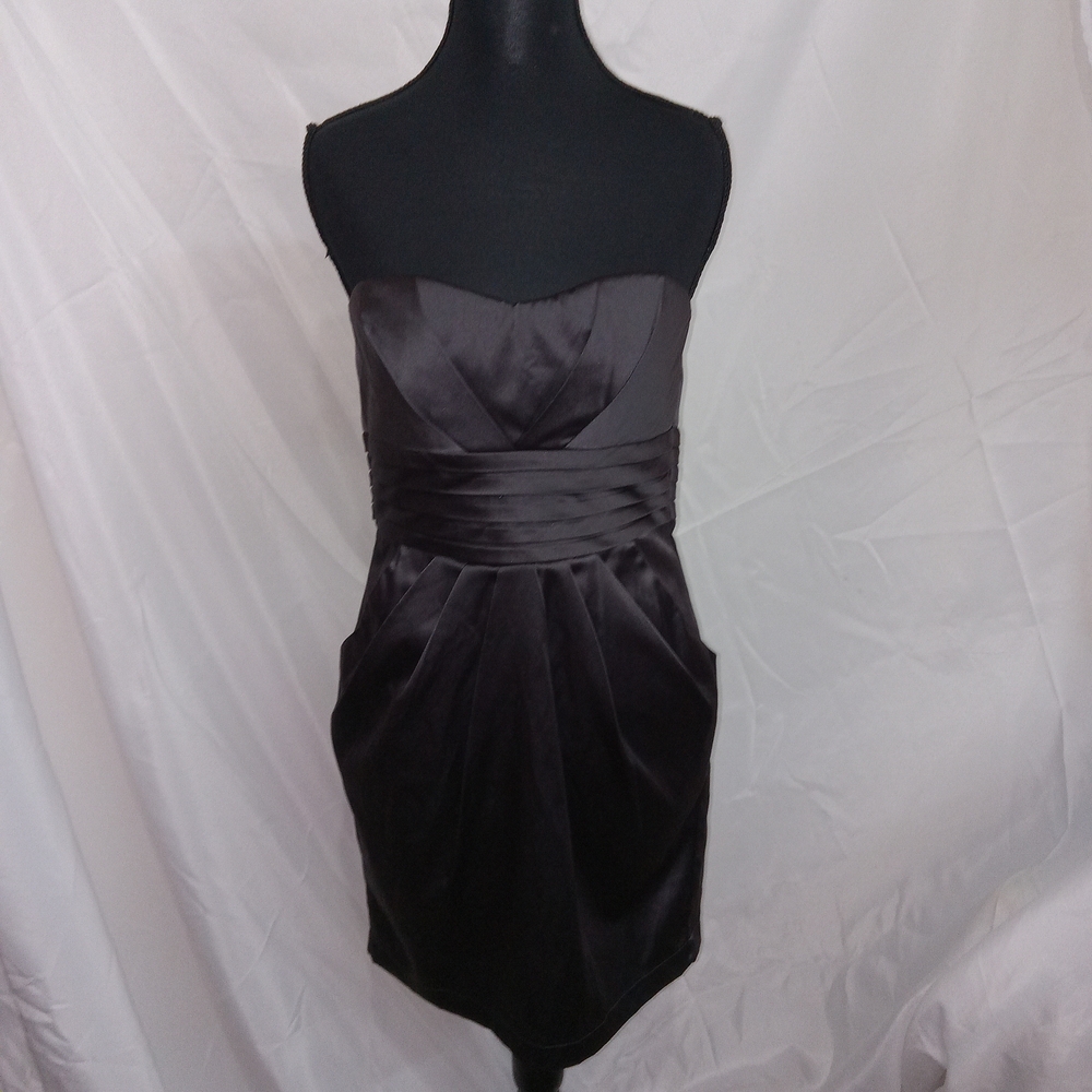 Lush Strapless Black Satin Tease Me Cocktail Dress Size Small With Pockets/ Zip